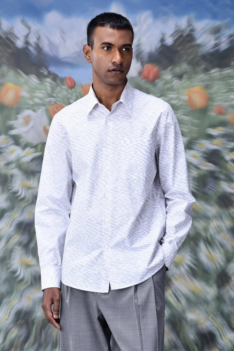 Genes Lecoanet Hemant Labyrinth Cotton Regular Fit Shirt- Pearl Grey
